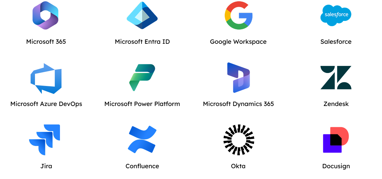 Ilustração com diversos Aplicativos SaaS disponíveis para Backup, Microsoft 365, O 365, Microsoft Entra ID, Google Workspace, Salesforce, Microsoft Azure DevOps, Microsoft Power Platform, Microsoft Dynamics 365, Zendesk, Jira, Confluence, Okta, Docusign